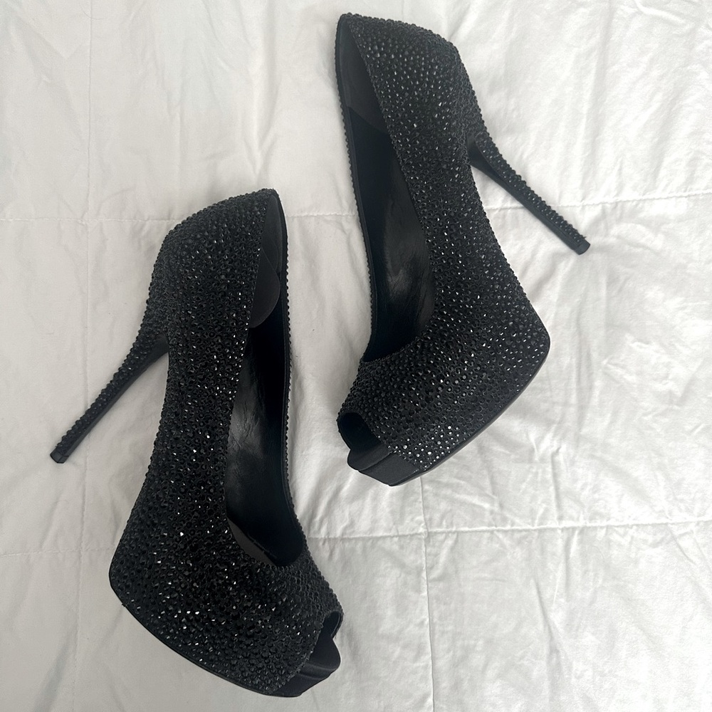 Gucci Black Sparkling Peep-Toe Heels - 38 1/2